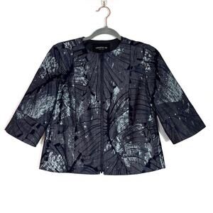 Lafayette 148 Chambray Athea Tropical Leaf Print Zip Up Jacket S EUC